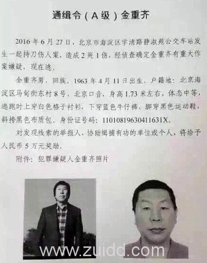 海淀静淑苑公交车站持刀伤人案犯罪嫌疑人公安部A级通缉令通缉对象金重齐上吊死亡
