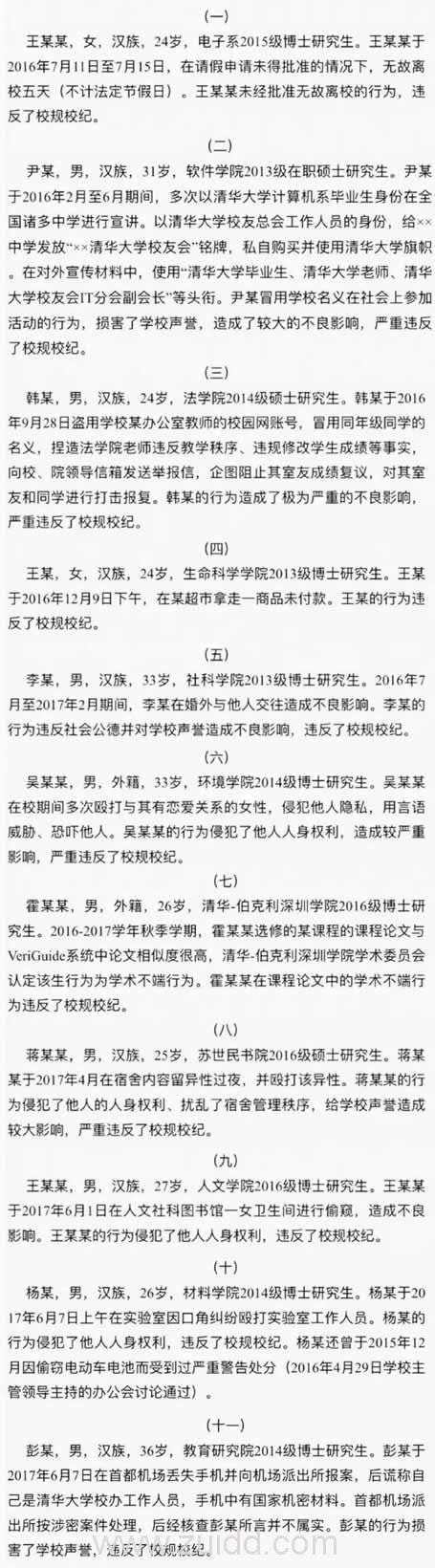 清华大学处分名单包括8名博士研究生2名硕士研究生1名在职硕士研究生有的殴打女友有的偷窥女厕所的